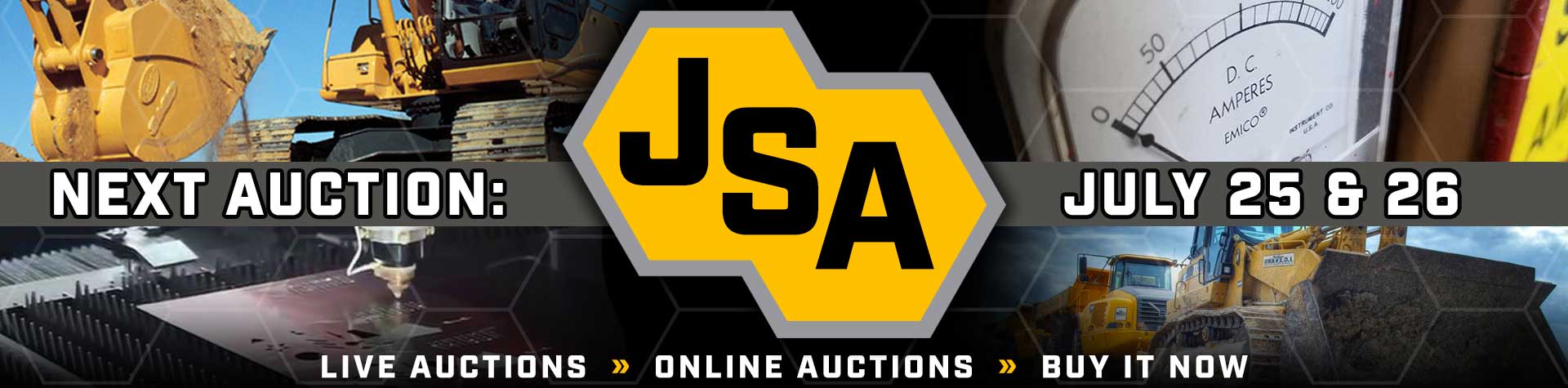 Various heavy equipment including excavators, backhoes, and cranes available for auction at J. Stout Auctions.