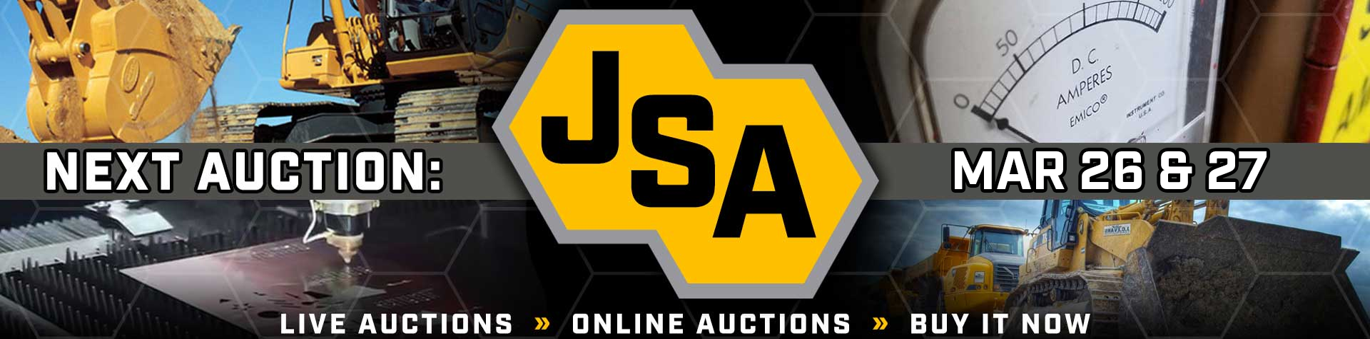 Various heavy equipment including excavators, backhoes, and cranes available for auction at J. Stout Auctions.